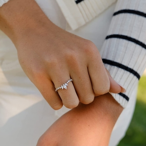 Tiara Marquise Cut Diamond Ring Crown Dainty Curved Sterling Silver - Picture 5 of 6